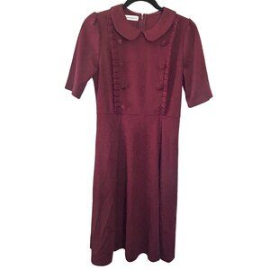Vintage-Inspired Burgundy Dress With Peter Pan Collar & Button Details sz Large